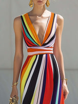 【24-hour shipping out】Elegant Flowing V-neck Rainbow Stripe Print Chiffon Maxi Dress