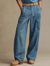 Western Retro Blue Faux Suede Half-Zip Top And Wide-Leg Cargo Pants Set