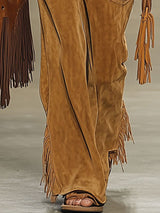 【24-hour shipping out】Casual Loose Vintage Caramel Suede Rivet Tassel Wide Leg Pants