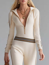 Retro Fashion Sports Hooded V-neck Front Zipper Off-white Knitted Jumpsuit