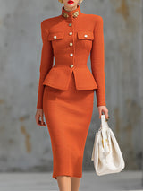 Elegant Stand-collar Knitted Cardigan And Skirt Set