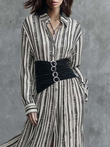 Retro Fashion Flowy Black And White Striped Chiffon Shirt Dress