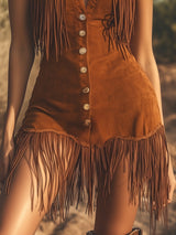 【24-hour shipping out】Western Vintage Brown Suede Fringe Sleeveless Mini Dress
