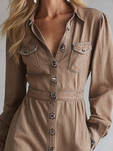 Vintage Western-style Lapel Button-down Khaki Denim Maxi Dress