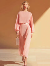 Elegant And Loose-fitting Pink Chiffon Top And Skirt Set