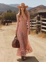 Elegant Pink Lace Long-sleeved Zip-up Maxi Dress