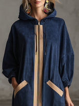 Loose-fitting, Casual Beige-trimmed Navy Blue Faux Suede Hooded Maxi Dress