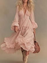 Elegant Flowing Western V-neck Front Zipper Puff Hem Lantern Sleeves Light Pink Chiffon Midi Dress
