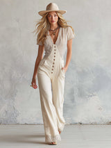 Stylish Urban Off-white Striped Patchwork Cotton Short-sleeved Jumpsuit