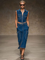 Casual Retro Dark Blue Denim Vest And Workwear Skirt Set