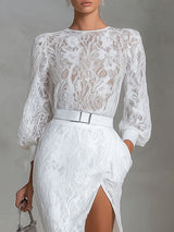 Elegant Round-neck Lace Long-sleeved Top And Slit Lace Skirt Set