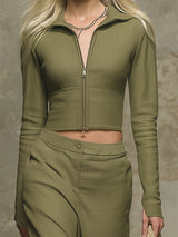 Western-style Olive Green Linen Zip-up Top And Wide-leg Pants Set