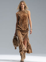 Leopard Print Crew Neck Sleeveless Vest And Split-hem Velvet Skirt Set