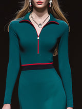 Casual Sporty Blue Collared Zip-up Midi Dress