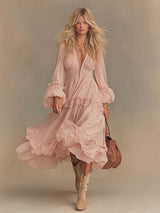 Elegant Flowing Western V-neck Front Zipper Puff Hem Lantern Sleeves Light Pink Chiffon Midi Dress