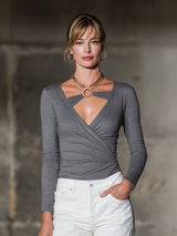 Elegant Grey Knit High-elastic Patchwork With Gold TrimTop