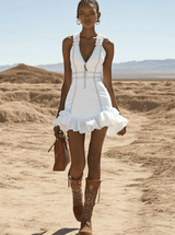 【24-hour shipping out】Stylish Casual White Denim Zipper Ruffle Trim Mini Dress