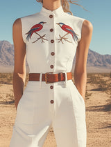 【24-hour shipping out】Retro Western Style Embroidered Stand Collar Sleeveless Wide Leg Jumpsuit