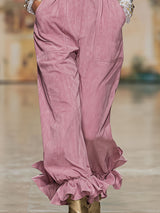 Pink Multi-pocket Ruffled Faux Suede Overalls