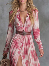 Vintage Western Lapel Front Button Pink Tie-dye Pattern Cotton Slits.Dress