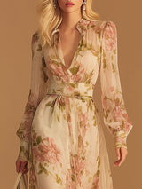 Elegant And Flowing V-neck Red Printed White Chiffon Midi Dress