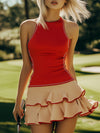 【24-hour shipping out】Romantic Ruffle Panel Sleeveless Red Golf Mini Dress