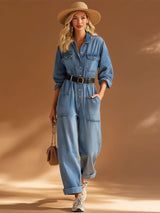 Casual Retro Lapel Button-up Blue Denim Long-sleeved Jumpsuit