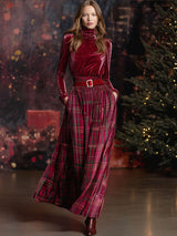 Festive Retro Red Velvet Turtleneck Plaid Skirt Set