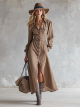 Vintage Western-style Lapel Button-down Khaki Denim Maxi Dress