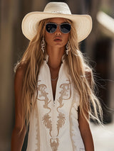 【24-hour shipping out】Casual Retro Bohemian Embroidered Sleeveless White Denim Tassel Mini Dress