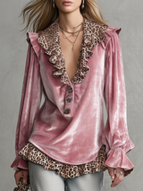 Retro V-neck Leopard Print Ruffled Hem Velvet Shirt