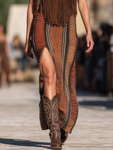 【24-hour shipping out】Western Retro Colorful Striped Knitted Tassel Hooded Slit Maxi Dress