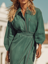 Loose-fitting Western-style Zip-up Shirt And Skirt Green Denim Suit