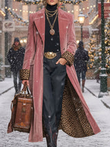 Lapel Single-breasted Velvet And Leopard Print Coat
