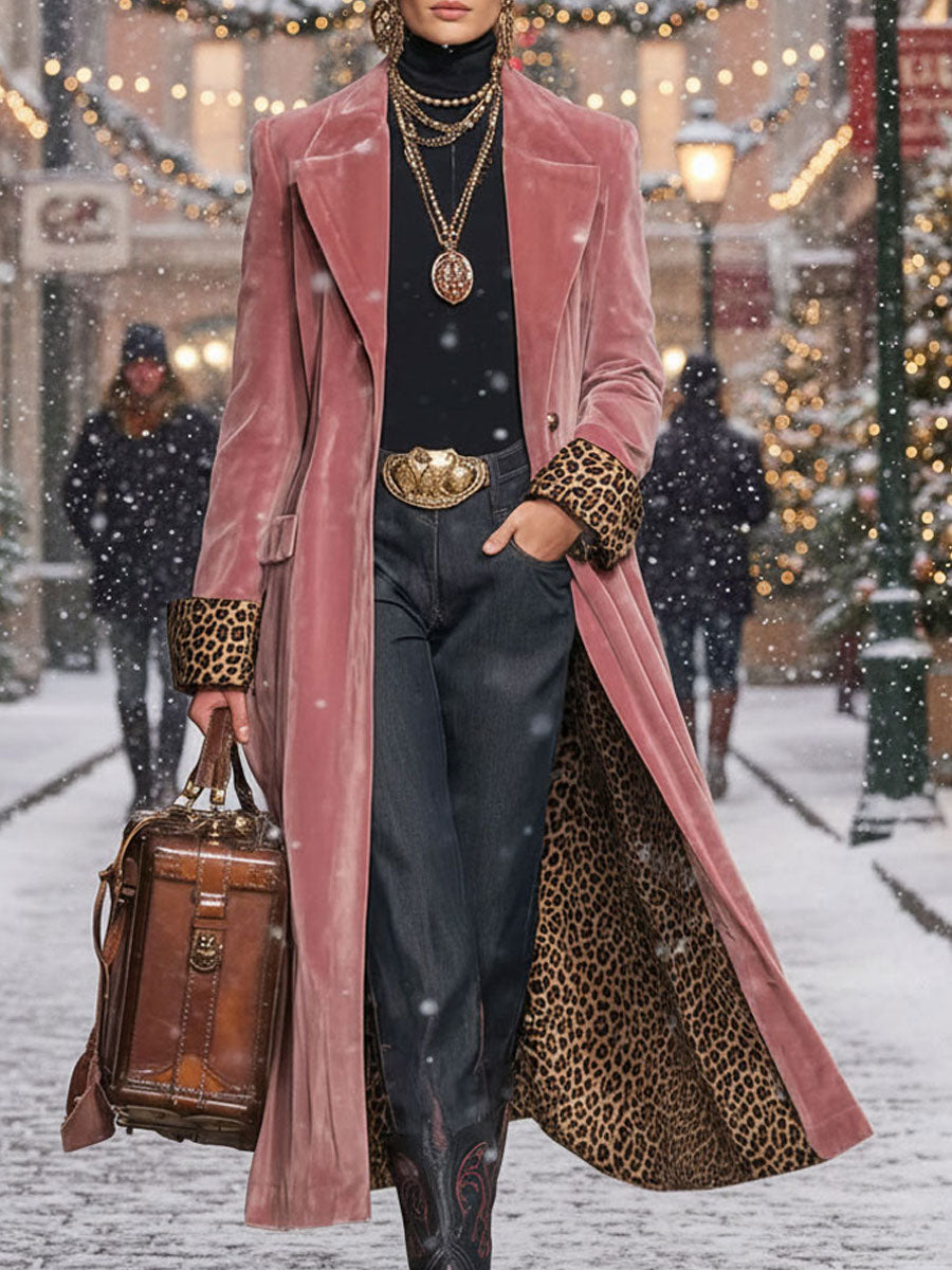 Lapel Single-breasted Velvet And Leopard Print Coat