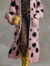 Vintage Fashion Lazy Front Button Black Polka Dot Pink Imitation Rabbit Fur Knitted Long-sleeved Cardigan