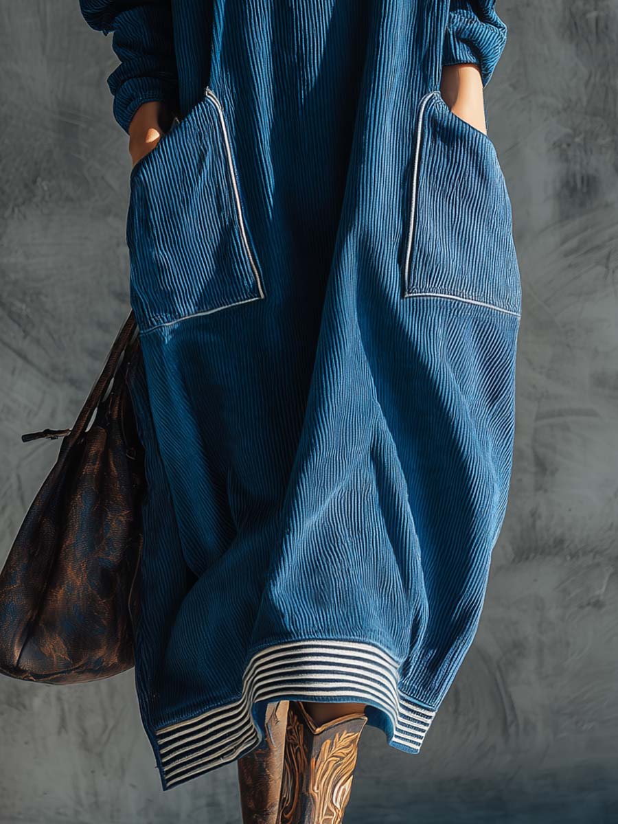 Casual Fashion Vintage High Collar Large Side Pockets Blue Corduroy Midi Dress