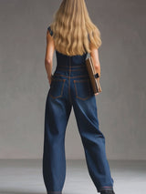 Casual Retro Multi-pocket Topstitching Dark Blue Denim Sleeveless Balloon Jumpsuit