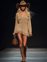 Bohemian Strapless Off-the-Shoulder Khaki Long Sleeve Mini Dress