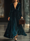 【24-hour shipping out】V-Neck Fashion Party Solid Color Velvet Long-Sleeved Maxi Dress