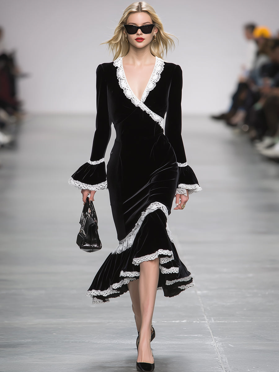 Simple And Stylish White Lace-trimmed Black Ruffled Fishtail Midi Dress