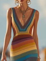 【24-hour shipping out】Retro Western Style V-Neck Colorful Striped Breathable Knitted Maxi Dress