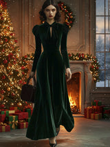 【24-hour shipping out】Fashion Party Solid Color Velvet Stand Collar Bowknot Long Sleeve Maxi Dress
