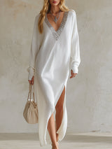 Refined Silhouette White Knit Maxi Dress with Sequined V-Neck