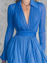 Stylish Blue Pleated Chiffon V-neck Maxi Dress