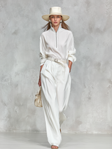 Elegant High-quality Zip-up Collar Long-sleeved Shirt And Wide-leg Pants Set