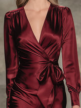 Elegant Angora Red V-neck Midi Dress With Bow Tie Detail