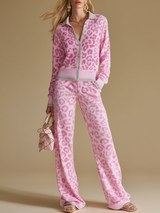 Elegant And Retro Color-blocked Leopard Print Knitted Top And Pants Set.