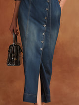 Casual Retro Blue Lapel Denim Midi Dress