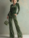 Retro Elegant Green Leopard Print Hooded Velvet Jumpsuit